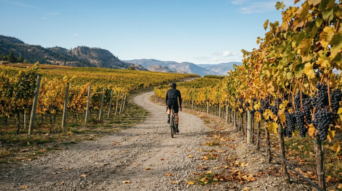 Okanagan vineyard rows glowing in warm September light along a Kelowna bike and wine tour route during harvest season