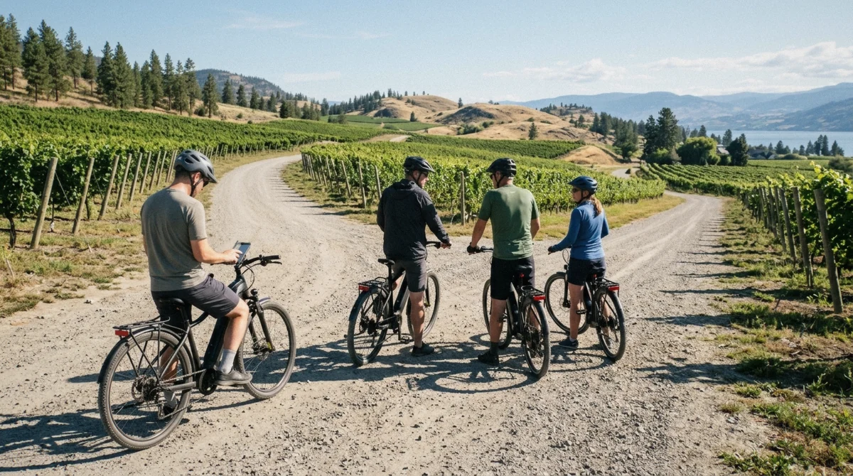 Guide leading a small group on e-bikes past Okanagan vineyards during a guided Kelowna wine tour compared to the self-guided format