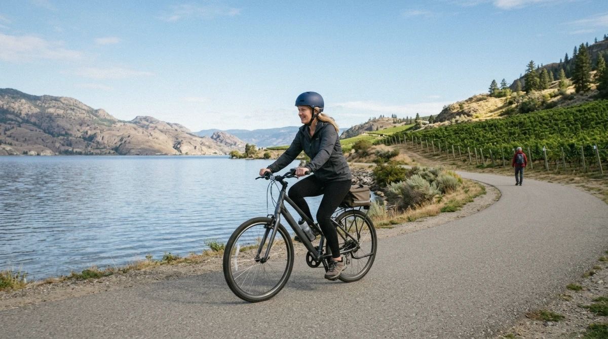 Cyclist riding an e-bike along Okanagan Lake near Kelowna during a wine tour, part of the real Kelowna wine tour cost breakdown