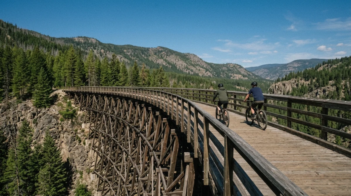 Cyclists riding across a wooden trestle bridge in Myra Canyon near Kelowna on the Kettle Valley Rail Trail