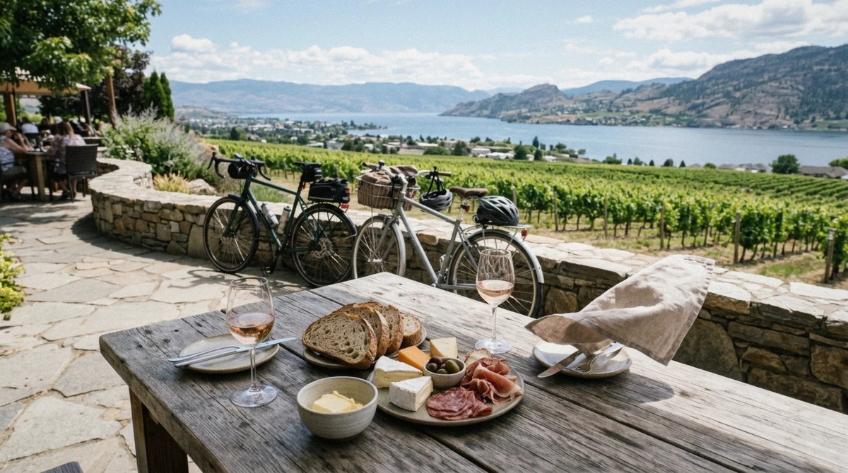 Vineyard lunch table set up for visitors after a Kelowna bike tour pairing Myra Canyon with an Okanagan winery stop