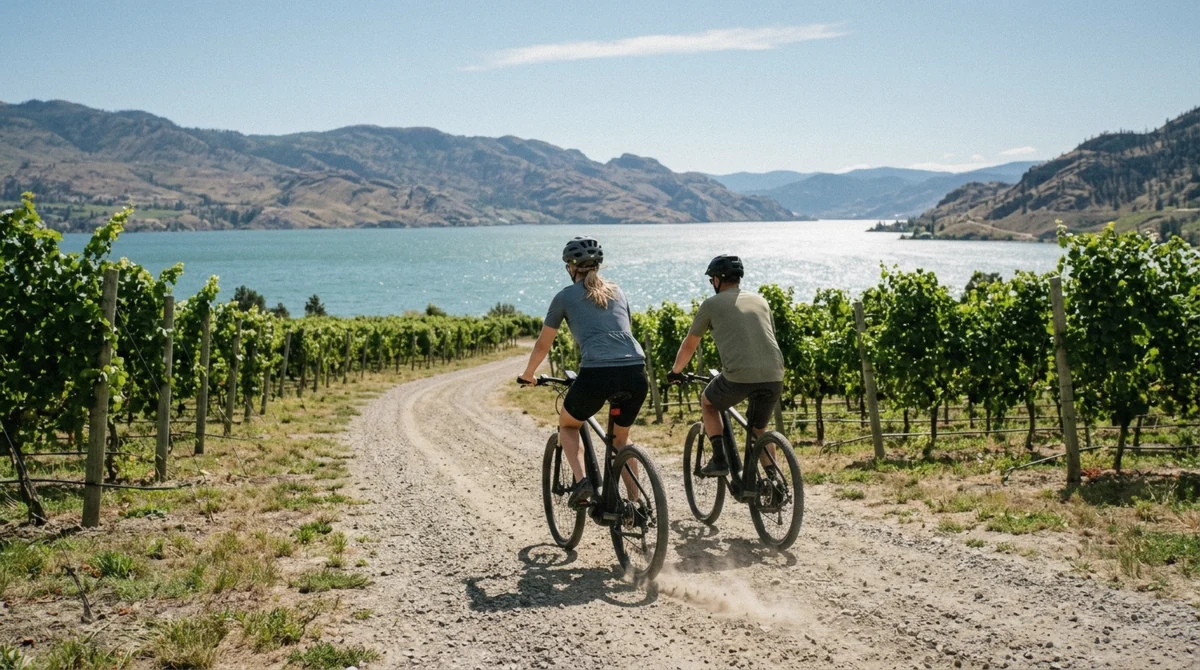 Riders pausing on e-bikes between vineyard rows during a Kelowna wine tour worth it for active travelers exploring Okanagan wine country