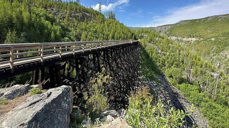 Empty wooden trestle over a forested canyon on the Kettle Valley Railway trail, ridden on a Kelowna bicycle wine tour to Penticton